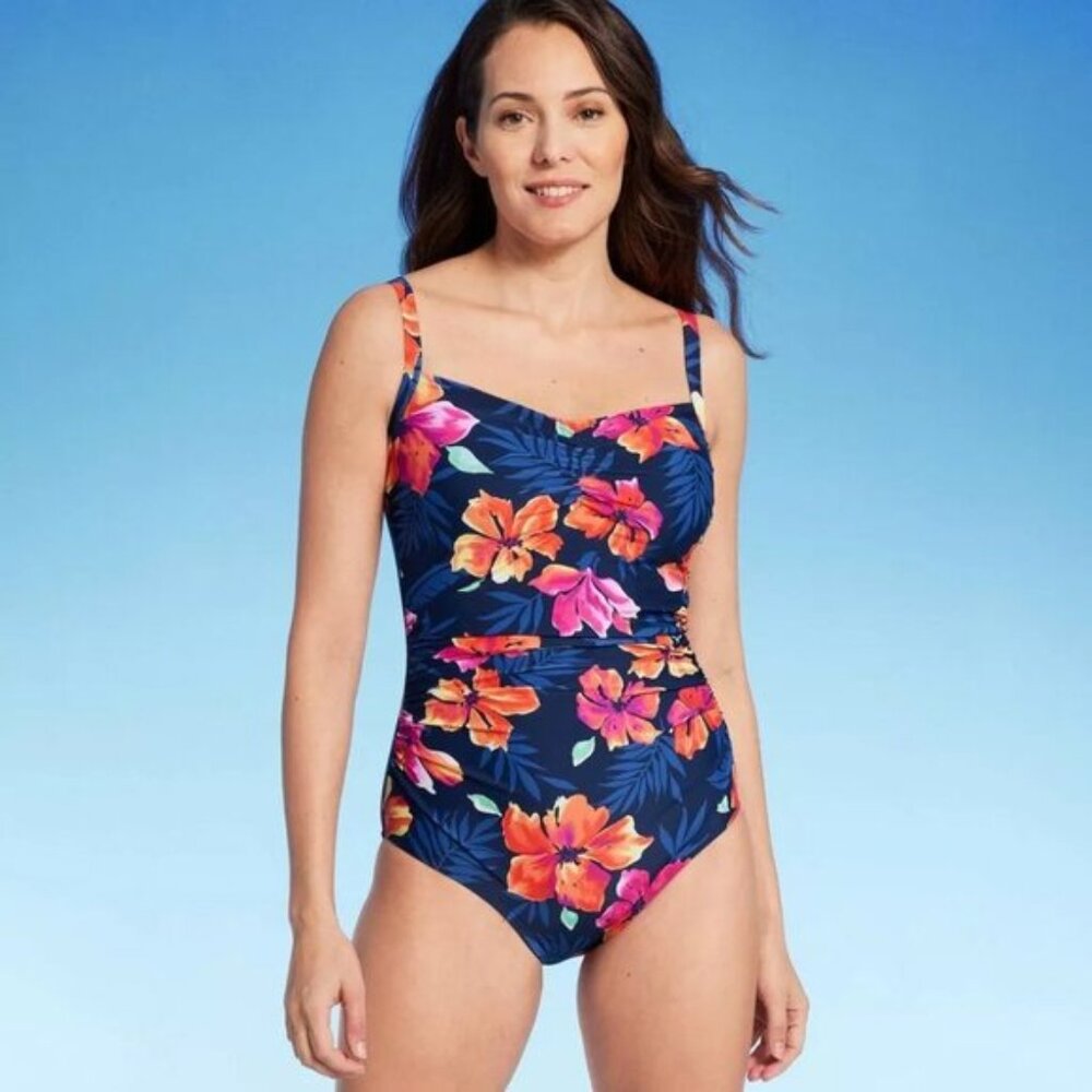 Lands' End UPF 50 Full Coverage Tummy Control Floral 1 Piece Swimsuit Small NWT